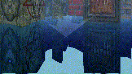 Animated GIF showing a texture-mapped scene from a pseudo-3D, 1st person perspective as the view pans along the scene vertically.